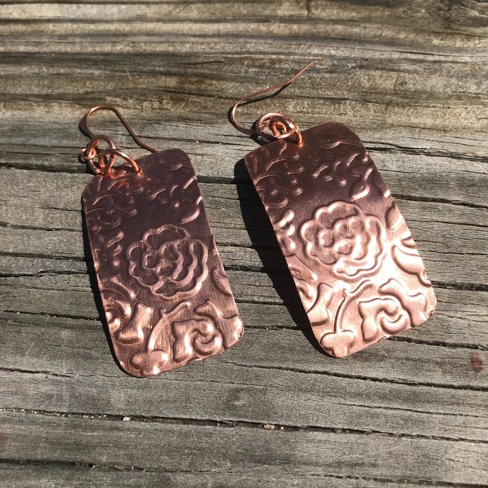 Embossed Roses Earrings Solid Copper Modern Drop Dangle African Bold Statement - Picture 4 of 5